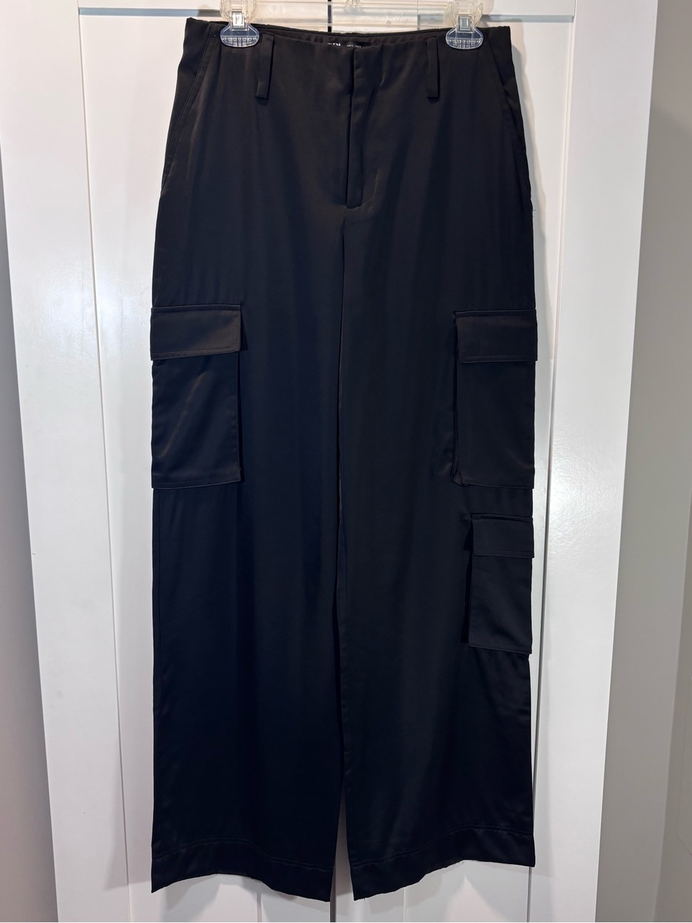 Zara Satin Cargo Pants Womens Small Black High Waist Wide Straight Leg Pockets